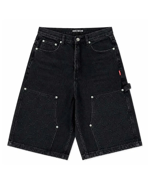TRIPLE SEVENS MONOGRAM DENIM SHORTS BLACK
