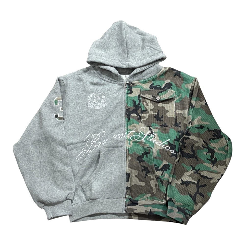 BRAVEST STUDIOS HALF CAMO ZIP UP HOODIE